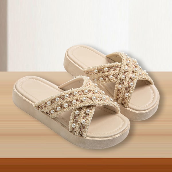Cross Sommar PVC Tofflor Öppen Tå Lättvikt Mjuk Tjock Sula Slide Tofflor för Kvinnor Utomhus Beige 36-37