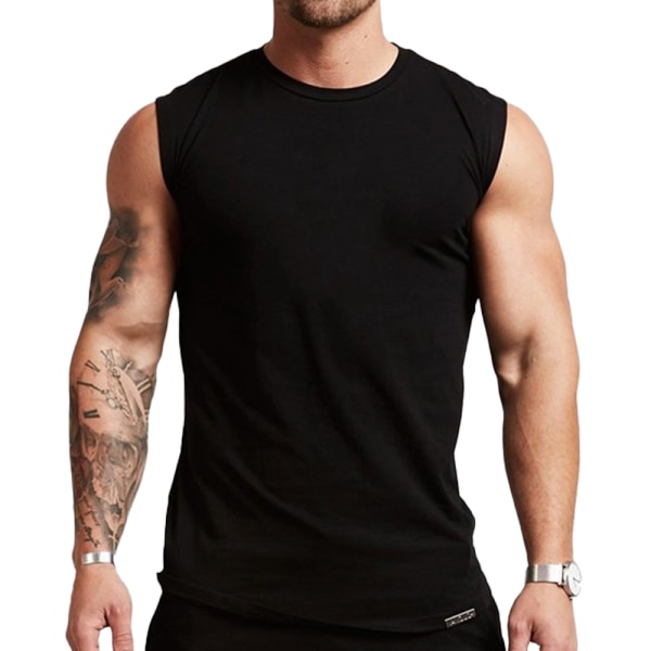 Ärmlös tränings-T-shirt i bomull för män, svart