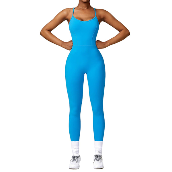 Dam U-ringad Jumpsuit Heldräkt Stretchiga Tank Topp Byxor Spaghettiband Ärmlös Tränings Jumpsuit Blå M