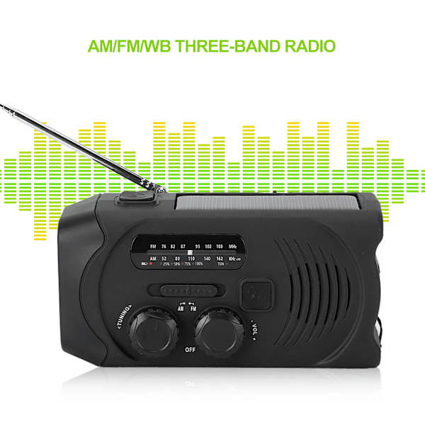 Soldriven AM/FM/WB Radio Handvev Multifunktionell LED-ficklampa SOS-larm JP-frekvens
