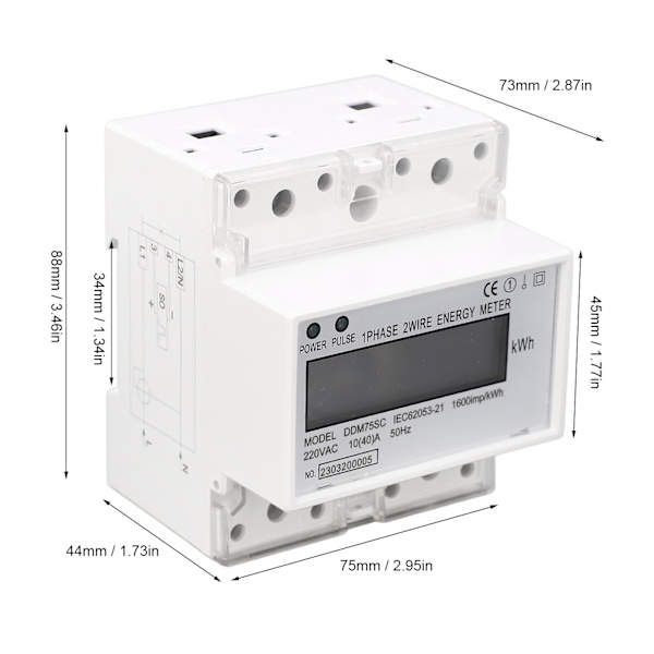 Energimätare 1-fas 2-trådig 4P Digital LCD Kwh Wattmeter Strömförbrukning 35mm DIN-skena Montering AC220V