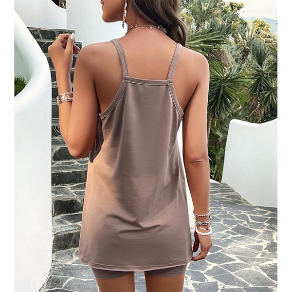 Spaghetti Strap Kort Set Ficka Casual Figurnära Enfärgad U-ringad Rem Kort Kit för Kvinnor Khaki M