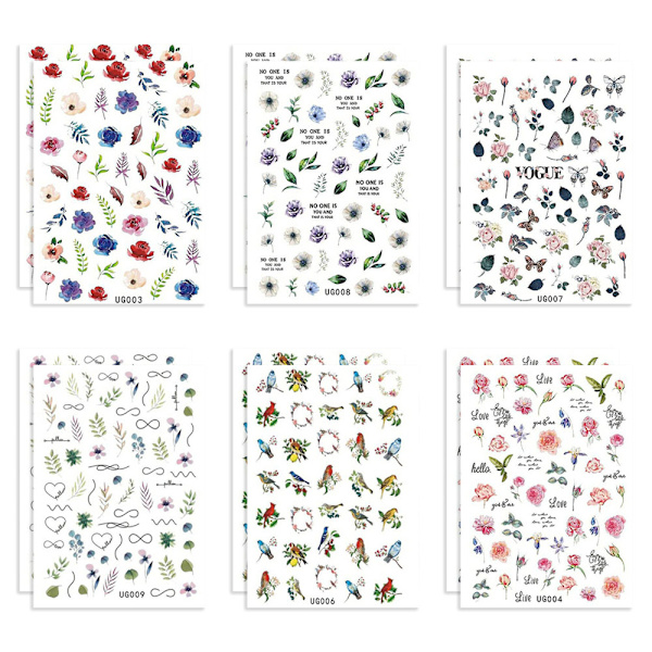 Nagelkonst klistermärken blomsterdekaler 12 ark 3D självhäftande nagel