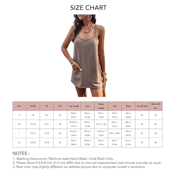 Spaghetti Strap Kort Set Ficka Casual Figurnära Enfärgad U-ringad Rem Kort Kit för Kvinnor Khaki M