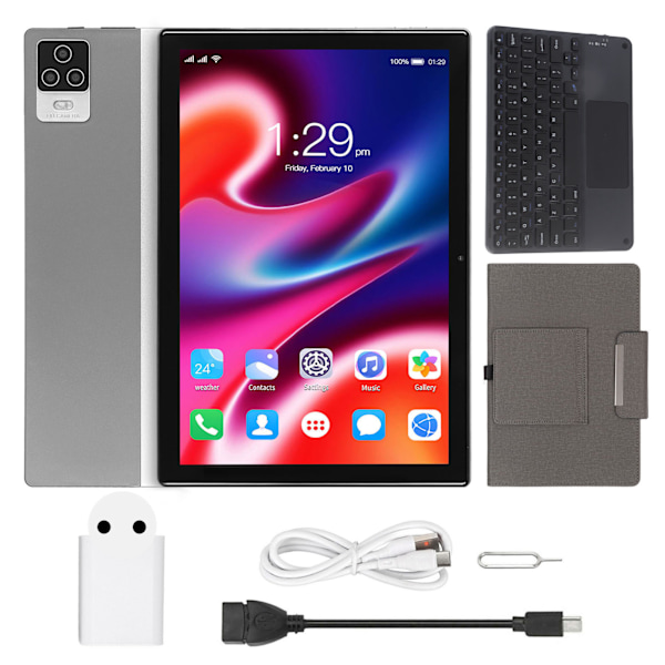 2 i 1 Tablet 10,1 Tum med Tangentbord 8-Kärnig CPU 8GB 256GB 5G WIFI 4G Samtal FHD Tablet för Android 12 100‑240V Silver EU-kontakt