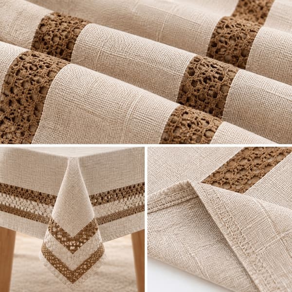 Patchwork-duk i linne 140 x 180 cm, trippel garnrand med beige fransdetalj, rustikt bordsöverdrag för köket