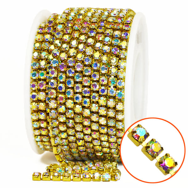 Ca 3,3mm strasskedja med kvalitetskristaller, guld/crystal AB, 5 guld
