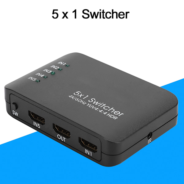 4K HDMI 2.0 Switch 5 Ingångar 1 Utgång HD IR Fjärrkontroll Splitter Adapter med LED-Indikator Svart