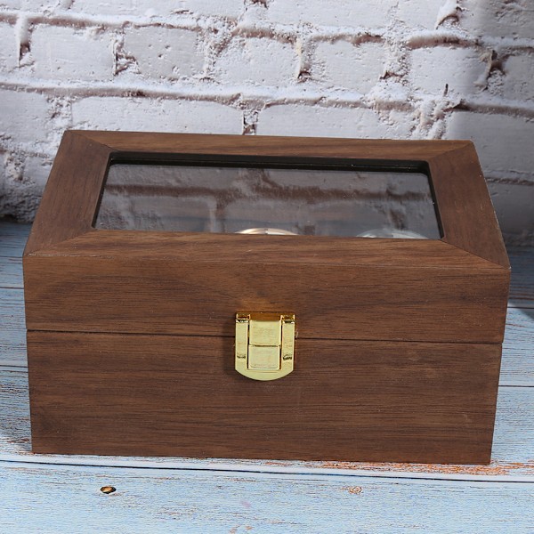 Trä 3 Grid Watch Display Box Transparent fönster Watch förvaringsbox (svart valnöt färg)