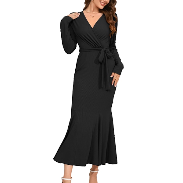 Dam Midje Slimmande Fishtail Klänning Smal Knyt Midja Enfärgad Casual Stickad V-ringad Långärmad Bodycon Fishtail Lång Klänning Svart XXL