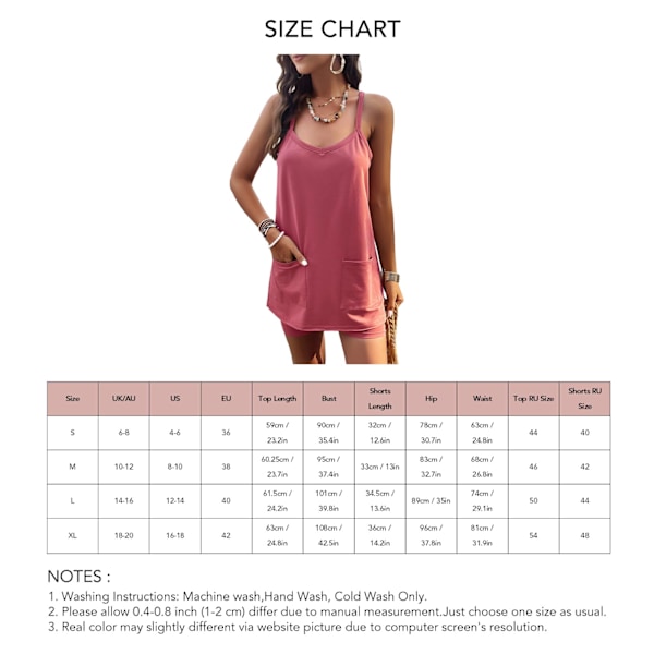 Spaghetti Strap Kort Set Ficka Casual Figurnära Enfärgad U-ringad Rem Kort Kit för Kvinnor Röd S