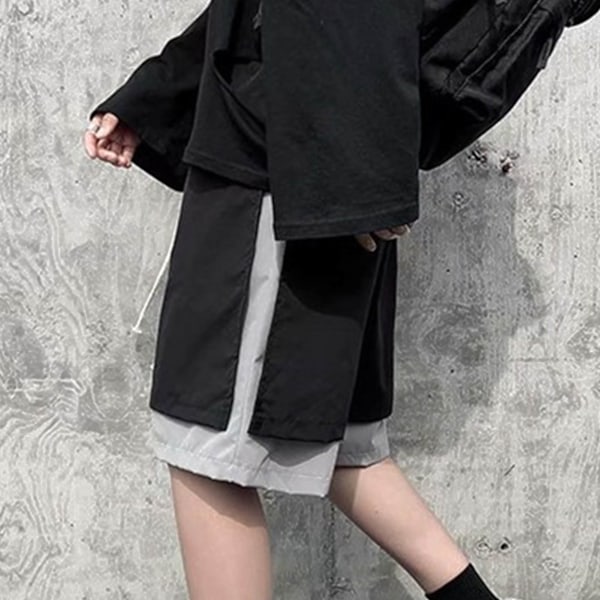 Herr Dubbla Lager Shorts Knälång Dragsko Sidoficka Manlig Falsk Tvådelad Shorts för Herrar Färgblock XL