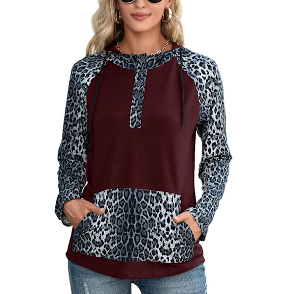 Långärmad Tröja med Huvtröja Leopardtryck Sömnadsdesign Dam Huvtröja med Ficka för Hemresa Kontor Vinröd XL