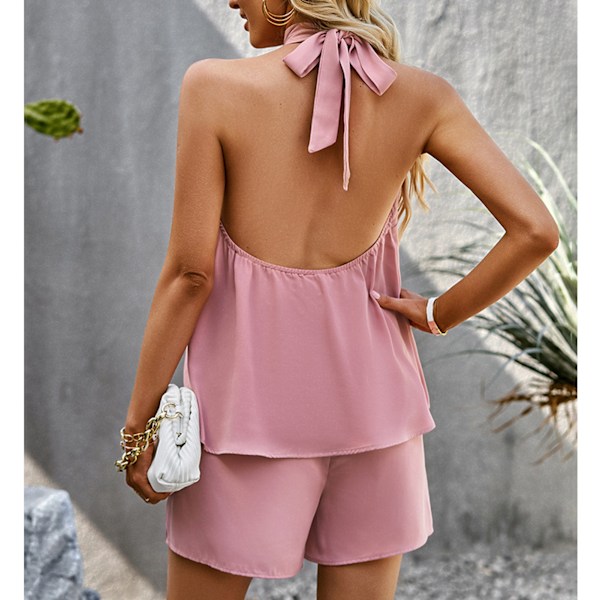 Ärmlös Tvådelad Set Rund Hals Lös Casual Dam T-shirt Shorts Set För Hemma Shopping Semester Rosa M