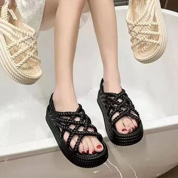 Sandaler med tjock sula, trendiga, mjuka, bekväma, avslappnade remsandaler, plattformstofflor för kvinnor, resa, fest, svart 37‑38
