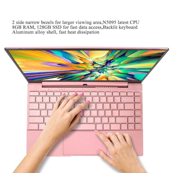 14in Ultratunn Laptop 8G RAM 128GB SSD Quad Core IPS HD-Skärm 1920x1080 WIFI Bakgrundsbelyst Tangentbord Rosa Laptops 100‑240V EU-Kontakt