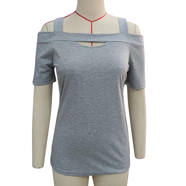 Dam Cold Shoulder T-shirt Ledig Kortärmad Andningsbar Enfärgad Utskuren Framtopp Grå XL