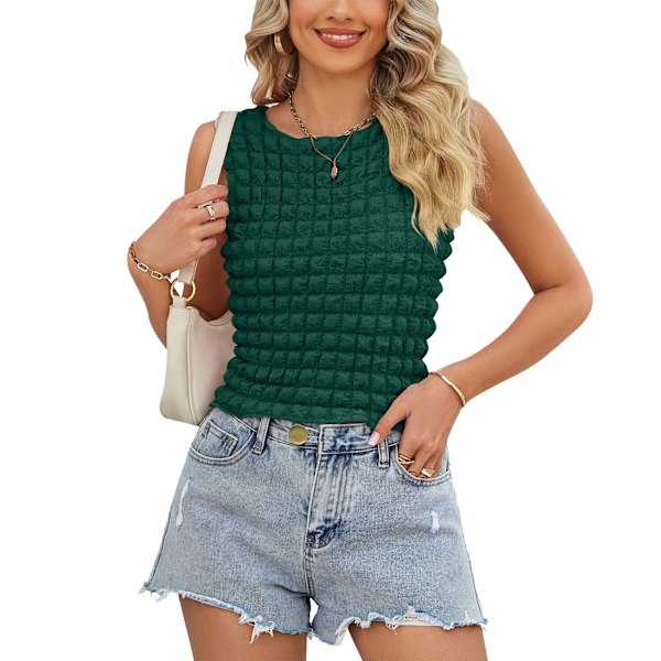 Dam Tank Top Rund Hals 3D Rutig Slim Fit Enfärgad Sommar Ärmlös Väst för Vardagsbruk Grön S