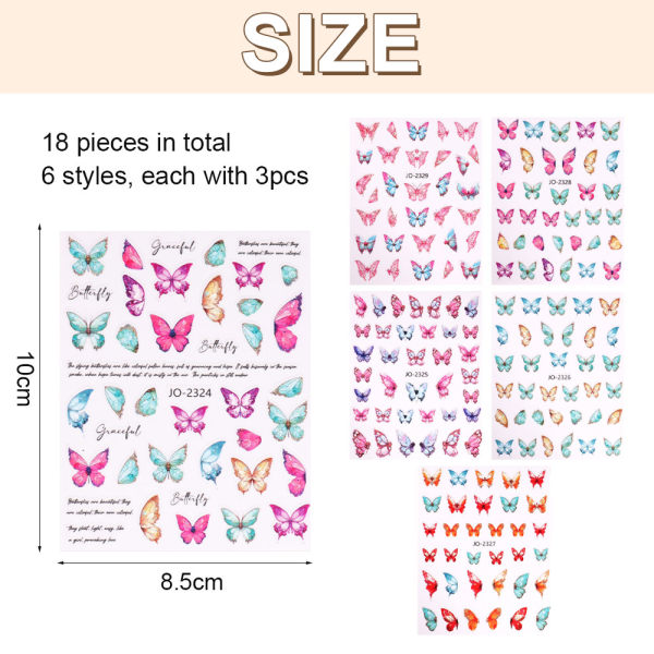 18 ark Butterfly Nail Art Stickers Decals, 3D självhäftande