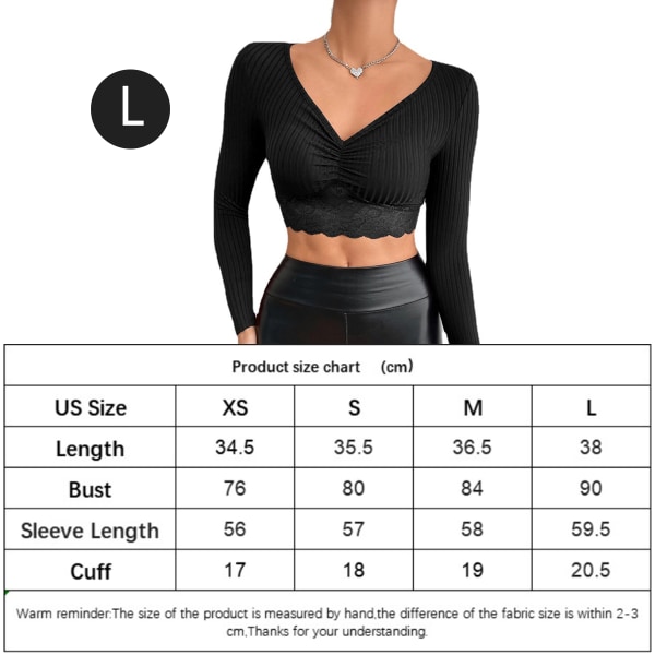 2 st Kvinnors Ribbade Stickade Långärmade Crop Tops T-shirts Ruched