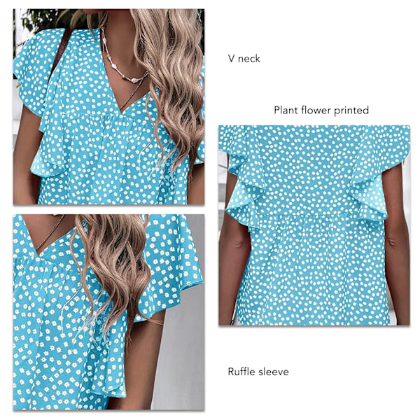 Volang Kortärmad Blus Blommig Tryckt Casual Figursydd V-ringning Volangärm Blus för Kvinnor Sommar Himmelsblå XXL