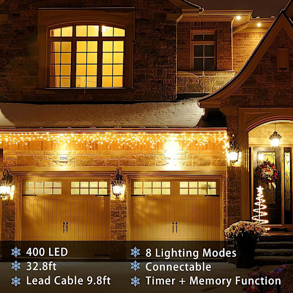 32.8ft 400 LED Icicle String Lights, 8 Modes Waterproof Icicle