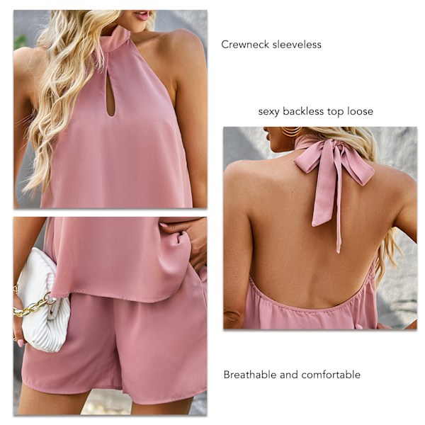 Ärmlös Tvådelad Set Rund Hals Lös Casual Dam T-shirt Shorts Set För Hemma Shopping Semester Rosa S