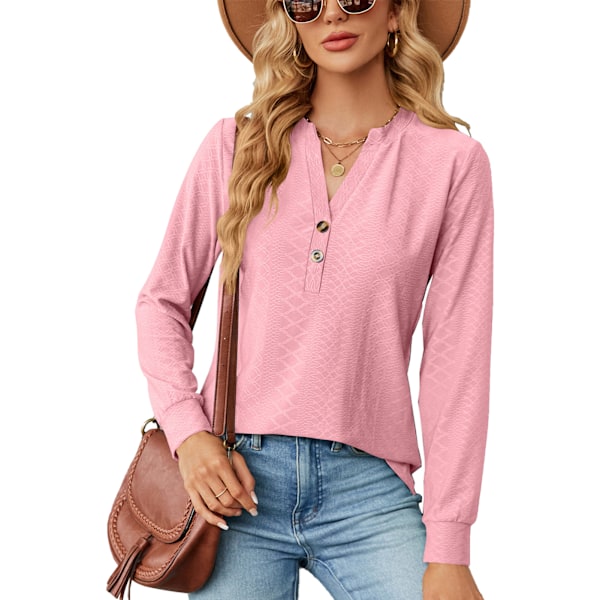 Dam V-ringad Långärmad Toppar Mode Casual Enfärgad Knapp Jacquard Dam Långärmad Skjorta för Vardag Fest Arbete Rosa XXL