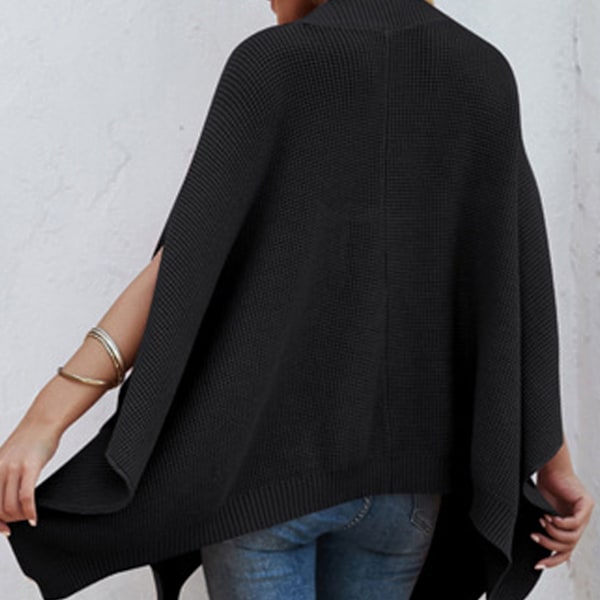 Stickad Cape Tröja Enfärgad Rund Hals Casual Åtsittande Stickad Sjal Pullover Tröja Svart L‑XL