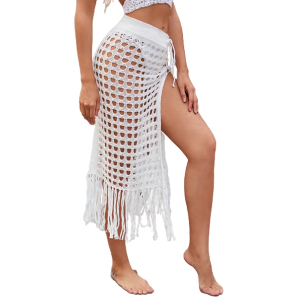 Dam Sexiga Mesh Tossle Kjolar Strand Sommar Wimsuit -Vit