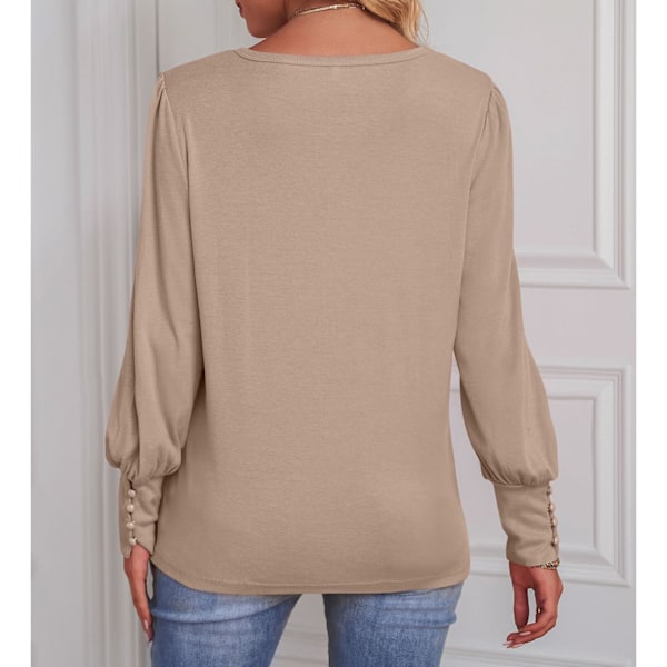 Lös Dam Blus med Puffärm Rund Hals Mode Långärmad Topp Enfärgad Dekorativ Manschett Topp Havregrynsfärg XL