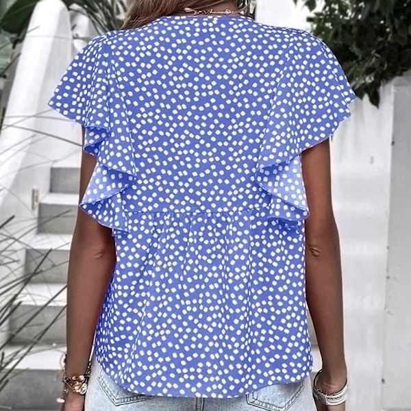 Volang Kortärmad Blus Blommig Tryckt Casual Figurnära V-ringning Volangärm Blus för Kvinnor Sommar Blå XXL