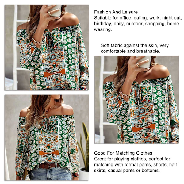 Dam Sommar Tribal Mönster T-shirt Blommig Off Shoulder Lång Lykta Ärm Knyt Fram Blus Topp Grön L