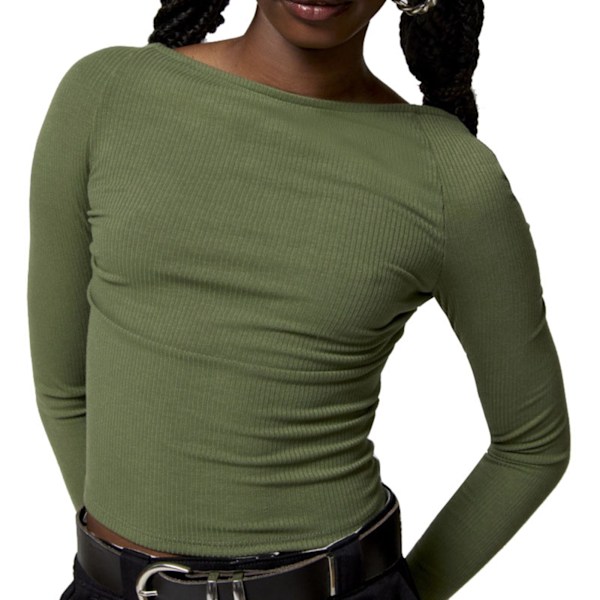 Dam Rygglös Långärmad Topp Trendig Enfärgad Casual Slim Fit Blus för Vardagsbruk Grön S