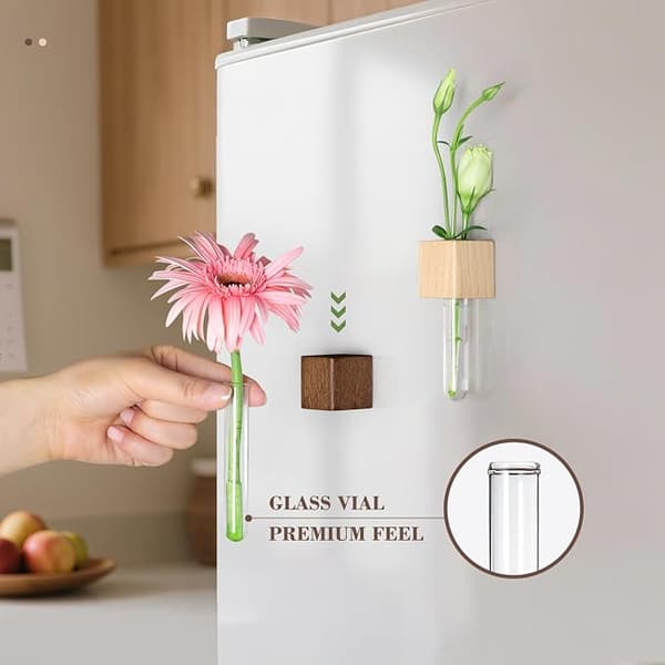 Magnetiska provrörsblomvaser för kylskåp, set med 2 träkrukor med magnet för kylskåp med glasrör – Lätta &