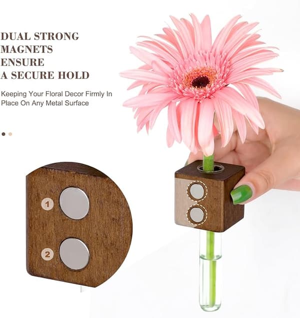 Magnetiska provrörsblomvaser för kylskåp, set med 2 träkrukor med magnet för kylskåp med glasrör – Lätta &