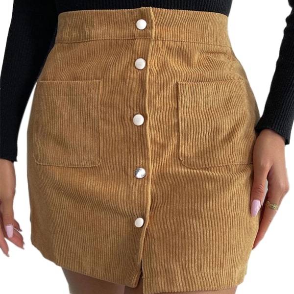 Kvinnors knapp framtill hög midja A-linje mini kjol med ficka