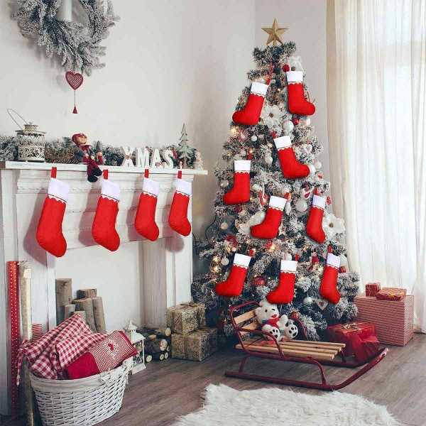 12pcs felt Christmas stocking, 14-inch red and white Christmas