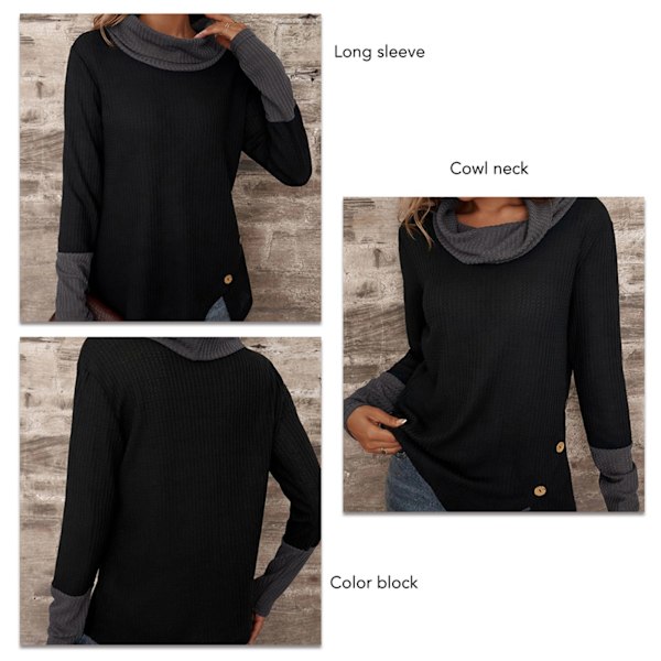 Långärmad Tröja med Cowl Neck Dam Casual Trendig Färgblock Knappdekor Blus Skjorta för Dejting Svart XXL