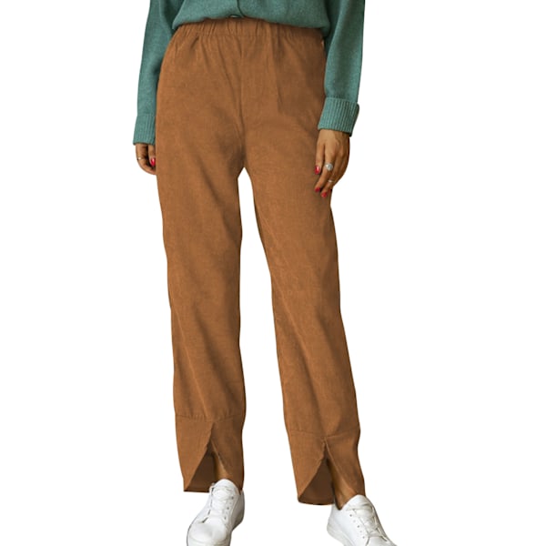 Högmidjade Byxor Dam Casual Trendiga Enfärgade Delad Fåll Elastisk Midja Raka Ben Byxor Brun S