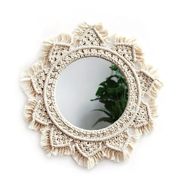 Hängande väggspegel med Macrame frans Rund spegelkonst Boho