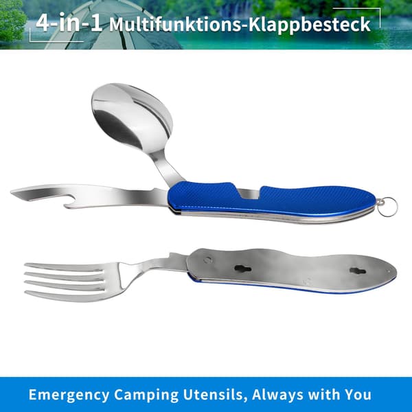 Vikbart campingbestickset 4-i-1 i rostfritt stål: Flasköppnare, kniv, gaffel och sked (Blå)
