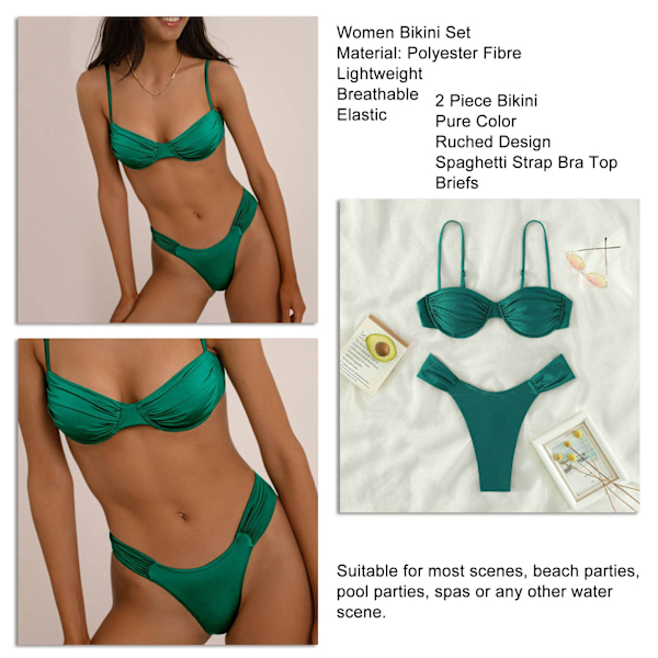 Dam 2-delad Bikini Set Enfärgad Rynkad Bygel Bikini Set Spaghettiband Top BH Trosor Baddräkt Ren Färg Baddräkt Svartaktig Grön L