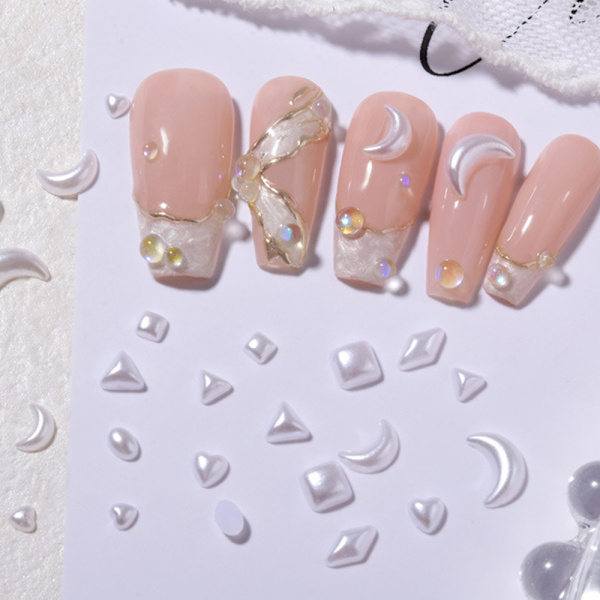 1200 st vita nageldekorationer platta måne/ovala former 3D nagel
