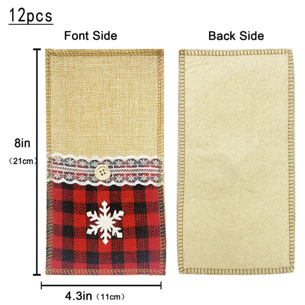 Christmas Cutlery Holder Bag Set of 12, Red Plaid Burlap Lace