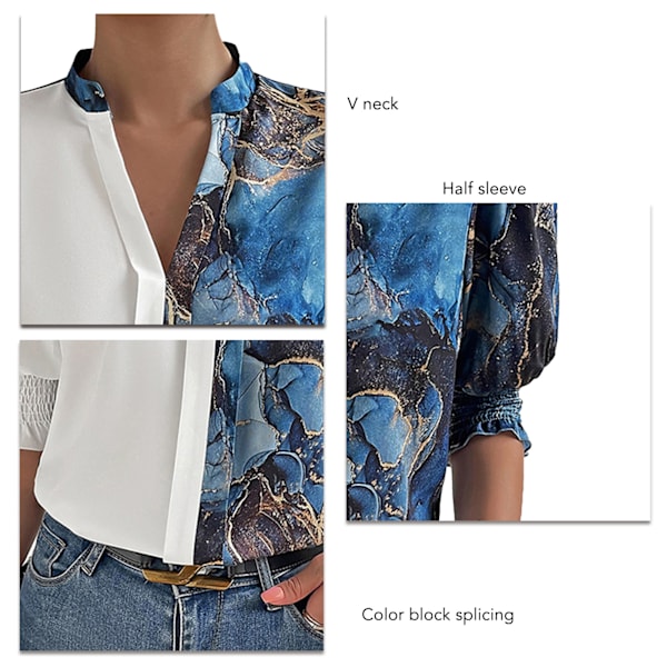 Dam Färgblock Blus V-ringad Elegant Rynkad Manschett Casual Sommar Puff Kortärmad Skjorta Blå L
