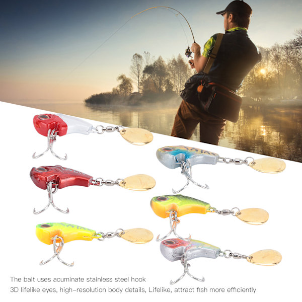 Realistiska fiskedrag, verklighetstrogen design, rostfritt stål, kopparplåt, spinnarblad, kompakt kropp för bättre kastlängd, pålitlig