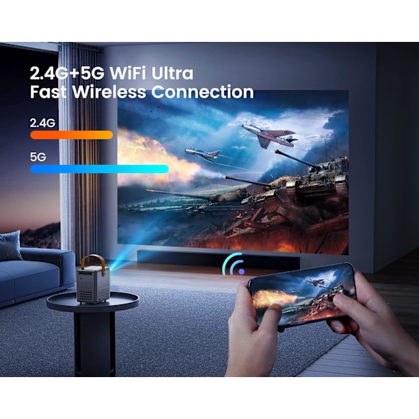 Miniprojektor, 5G WiFi Bluetooth bärbar projektor Full HD, 300 tums hemmabioprojektor
