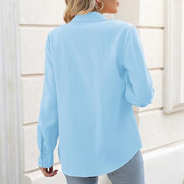 Dam Plisserad Långärmad Blus Nedvikt Krage Plisserad Casual Topp Mjuk Andningsbar Knäppning Enfärgad Stilren Blus Ljusblå XL
