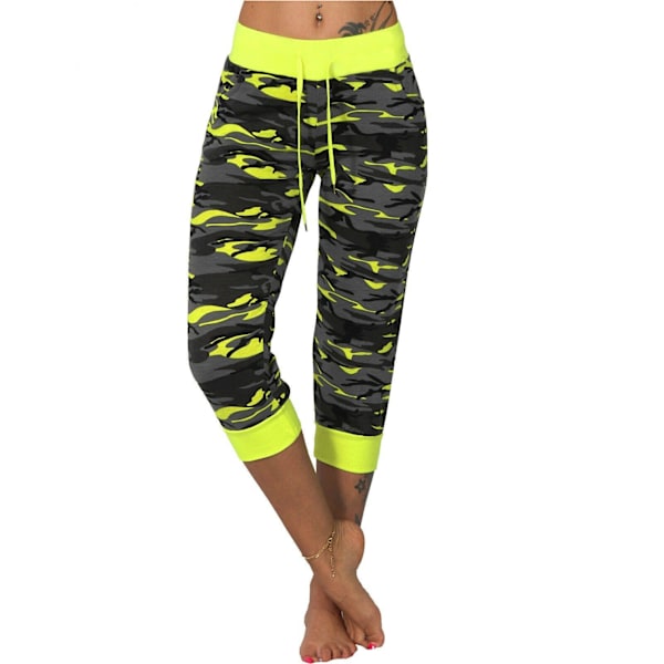 Dam Casual Croppade Byxor Kamouflage Tryck Dragsko Medium Hög Midja Bekväma Trousers för Sport Semester Gul S